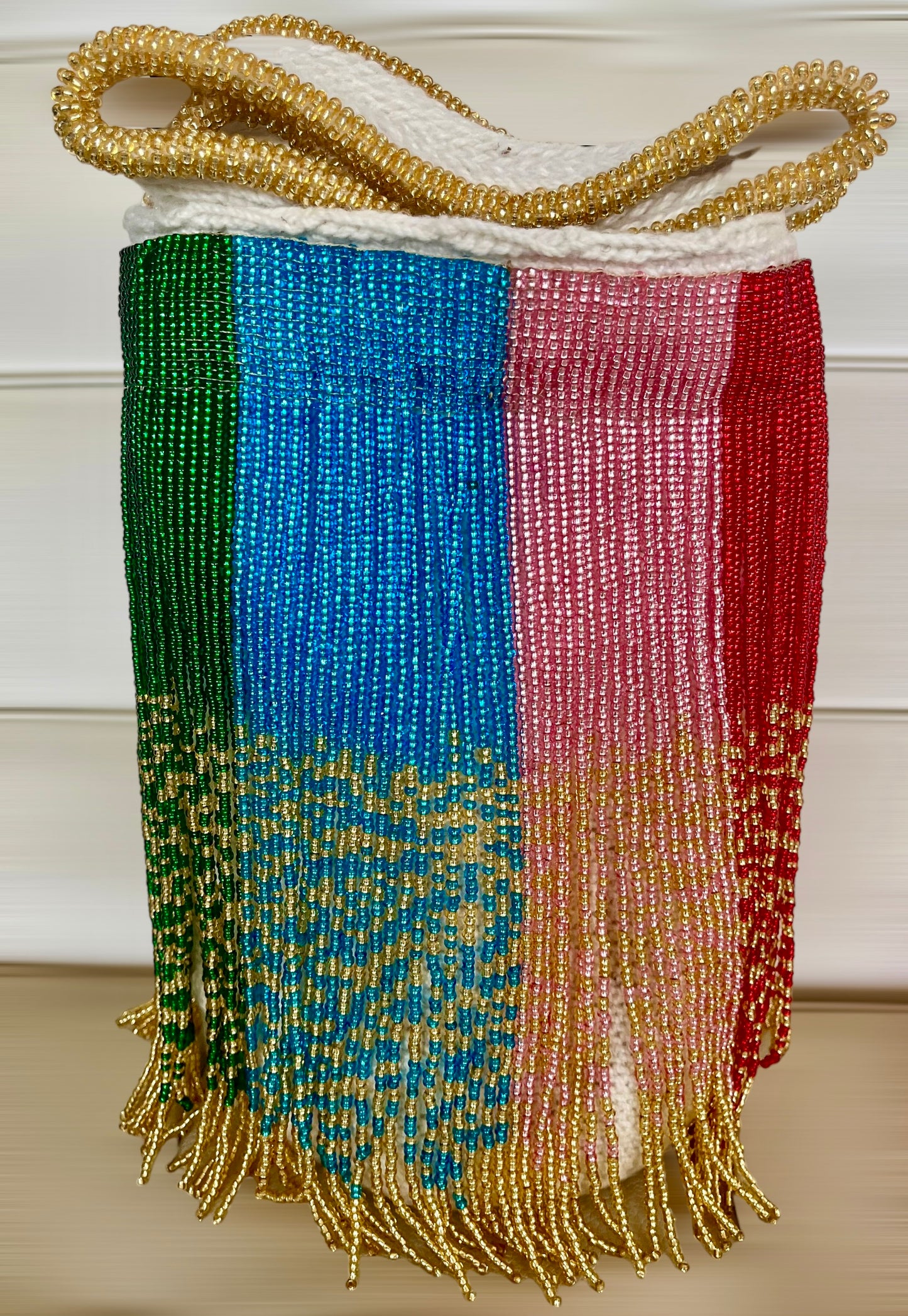 Large Rainbow Beaded Fringe Arhuaca Bag