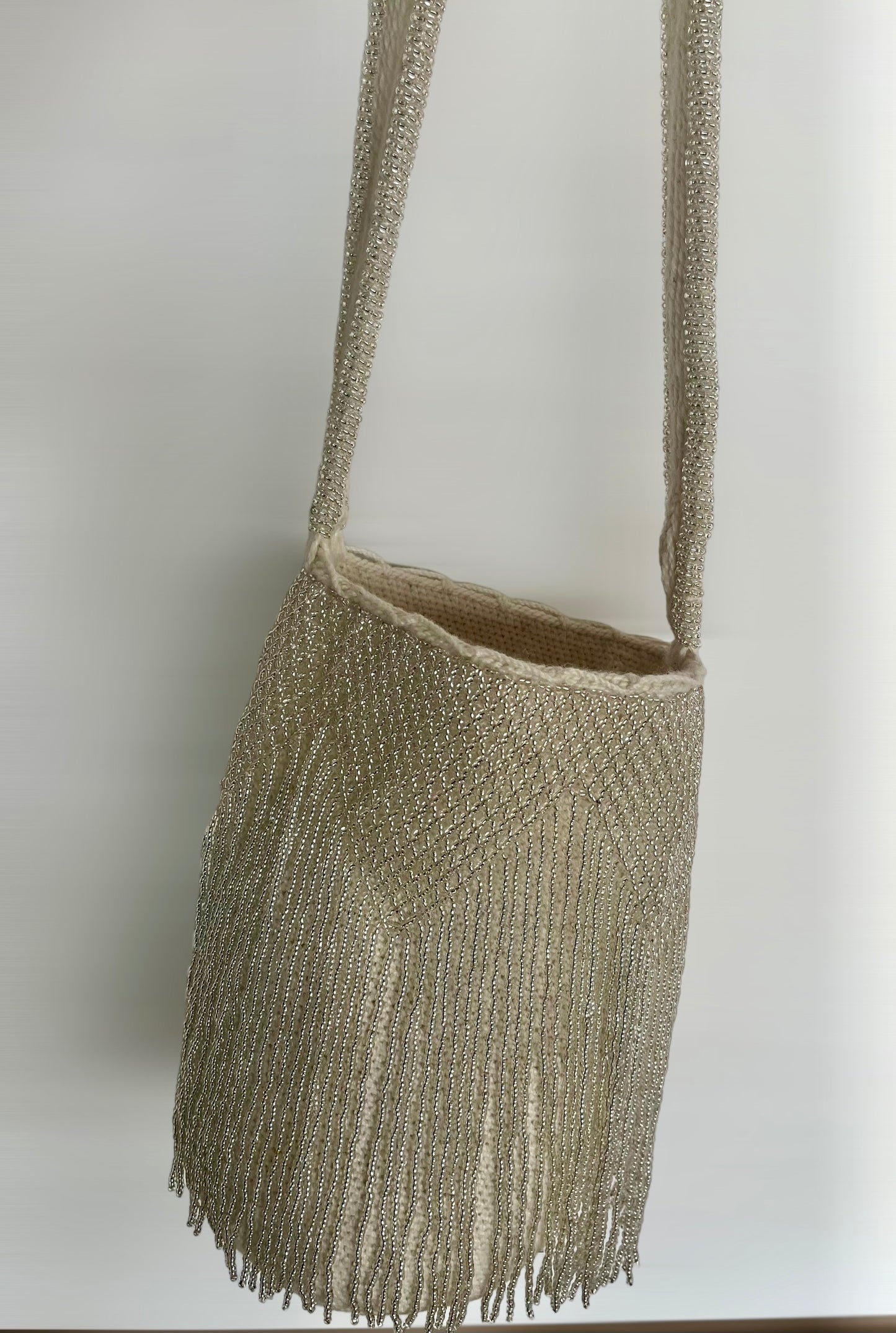 Large Grey Fringe Beaded Arhuaca Bag