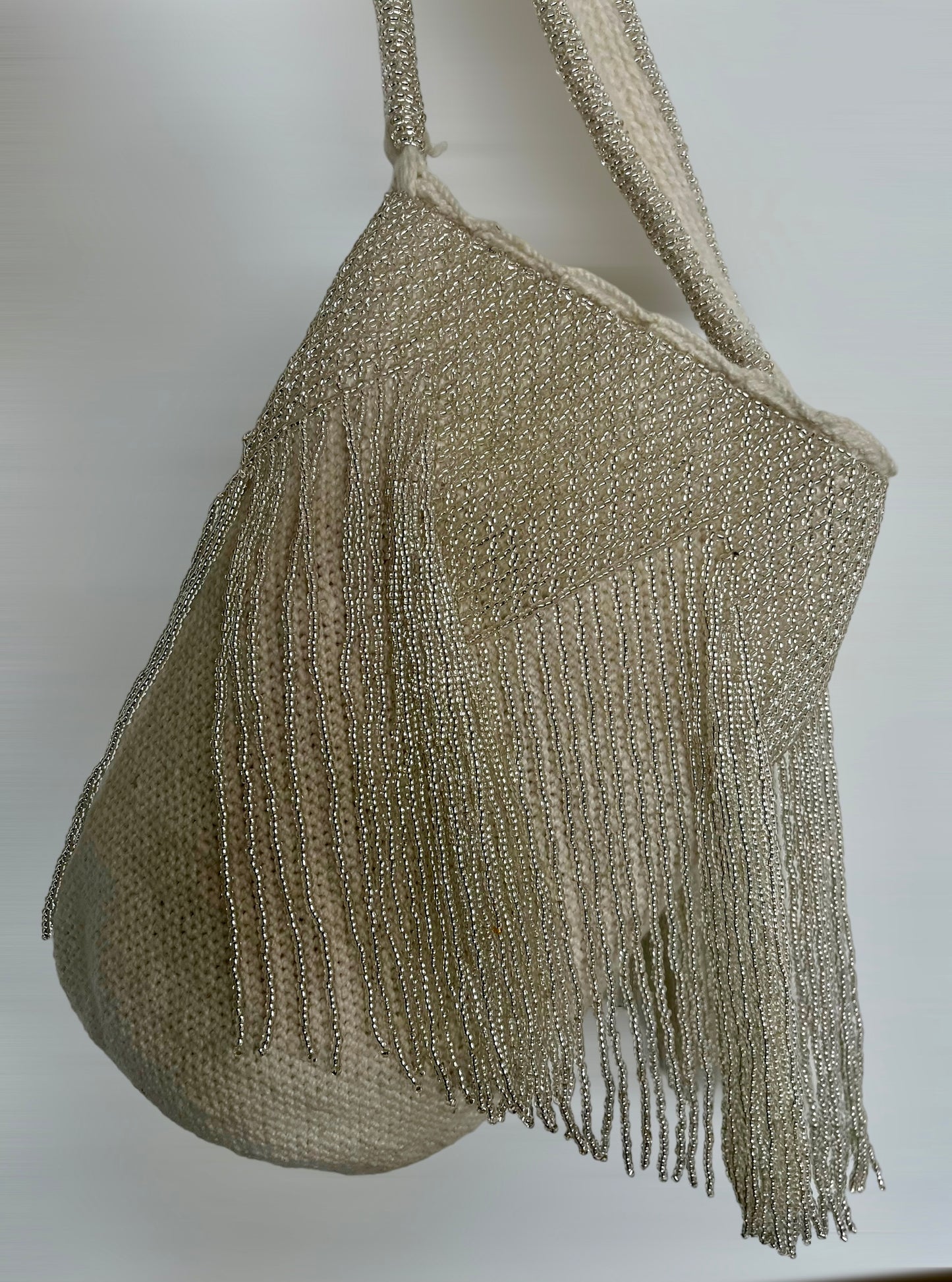 Large Grey Fringe Beaded Arhuaca Bag